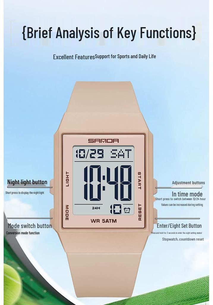 Sanda Lightweight Minimalist Sports Watch: Multi-functional Square Electronic Wristwatch for Men and Women