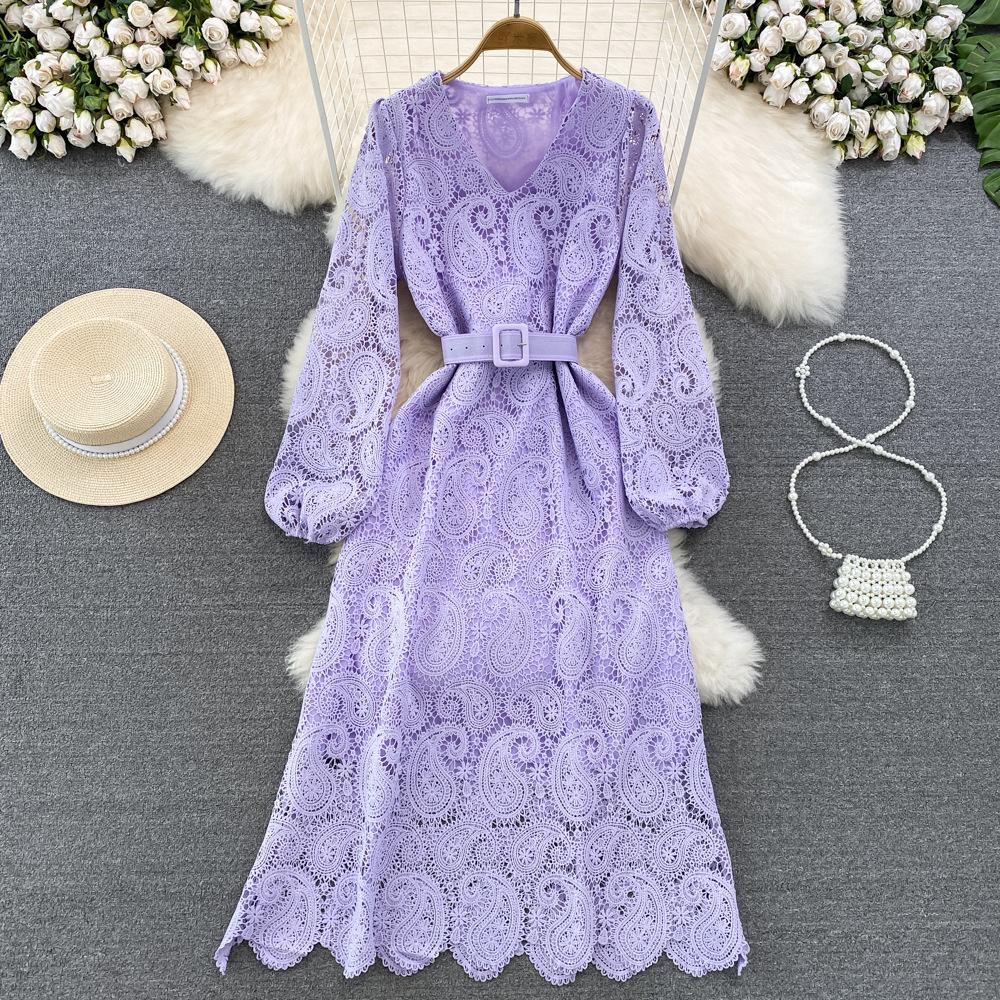 Spring Autumn Red/Yellow/Purple/Blue Hollow Out Embroidered Long Dress Women Vintage Lace Puff Sleeve Party Maxi Vestidos
