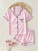 Girls Pink Striped Pajama Set, Short Sleeve Button-Down Sleepwear with Bow, Soft Loungewear for Kids 8-13 Years