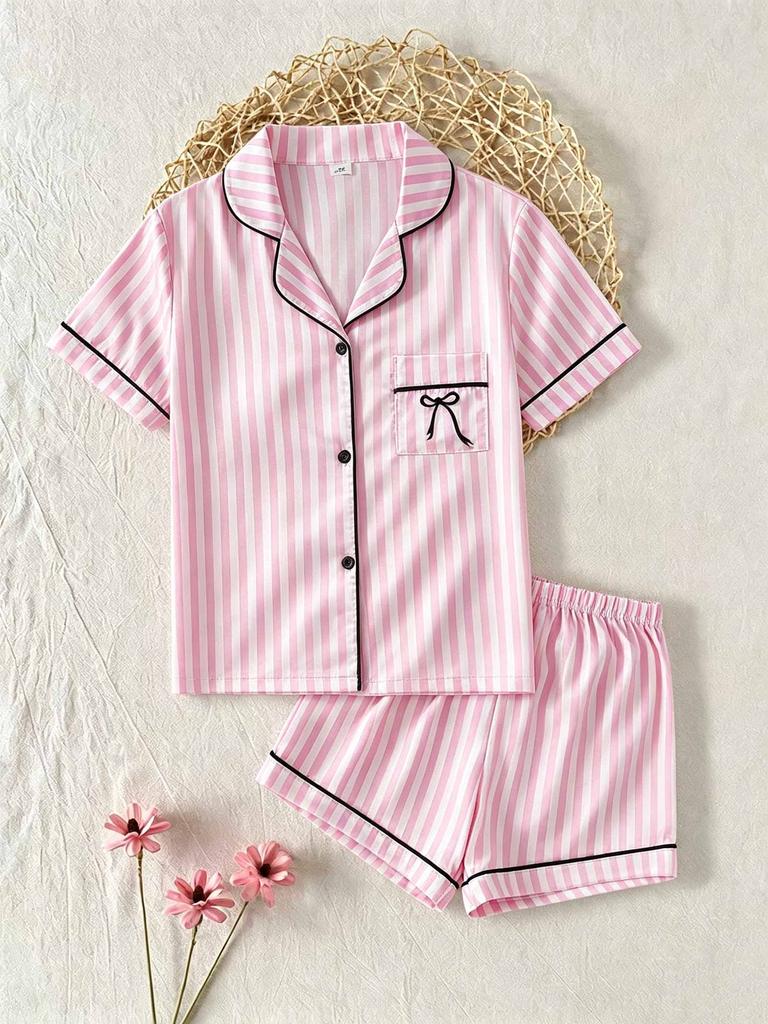 Girls Pink Striped Pajama Set, Short Sleeve Button-Down Sleepwear with Bow, Soft Loungewear for Kids 8-13 Years