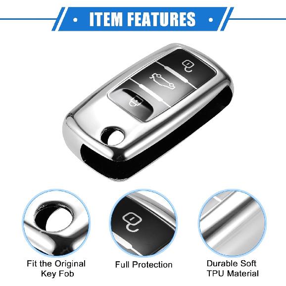 Car Remote Key Fob Cover Case Shell Protector 3 Button Compatible for VW Tiguan 2009-2017, Full Protection TPU Silver Tone