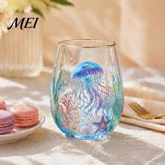 Blei Freies Glas Becher Meeres-Themen Becher, Quallen/Delfine/Meeresschildkröten/Oktopus Handbemalt, Verdicktes Trinkglas Langlebig Hitzebeständig für Büro Wasser