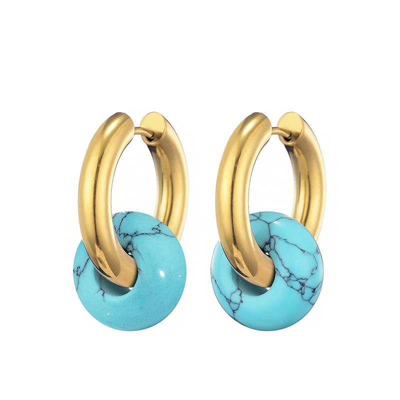 Classic Fashion Natural Stone Round Bead Hoop Earrings Woman Turquoises 3.0mm Thick Stainless Steel Ear Buckle Earrings Jewelry