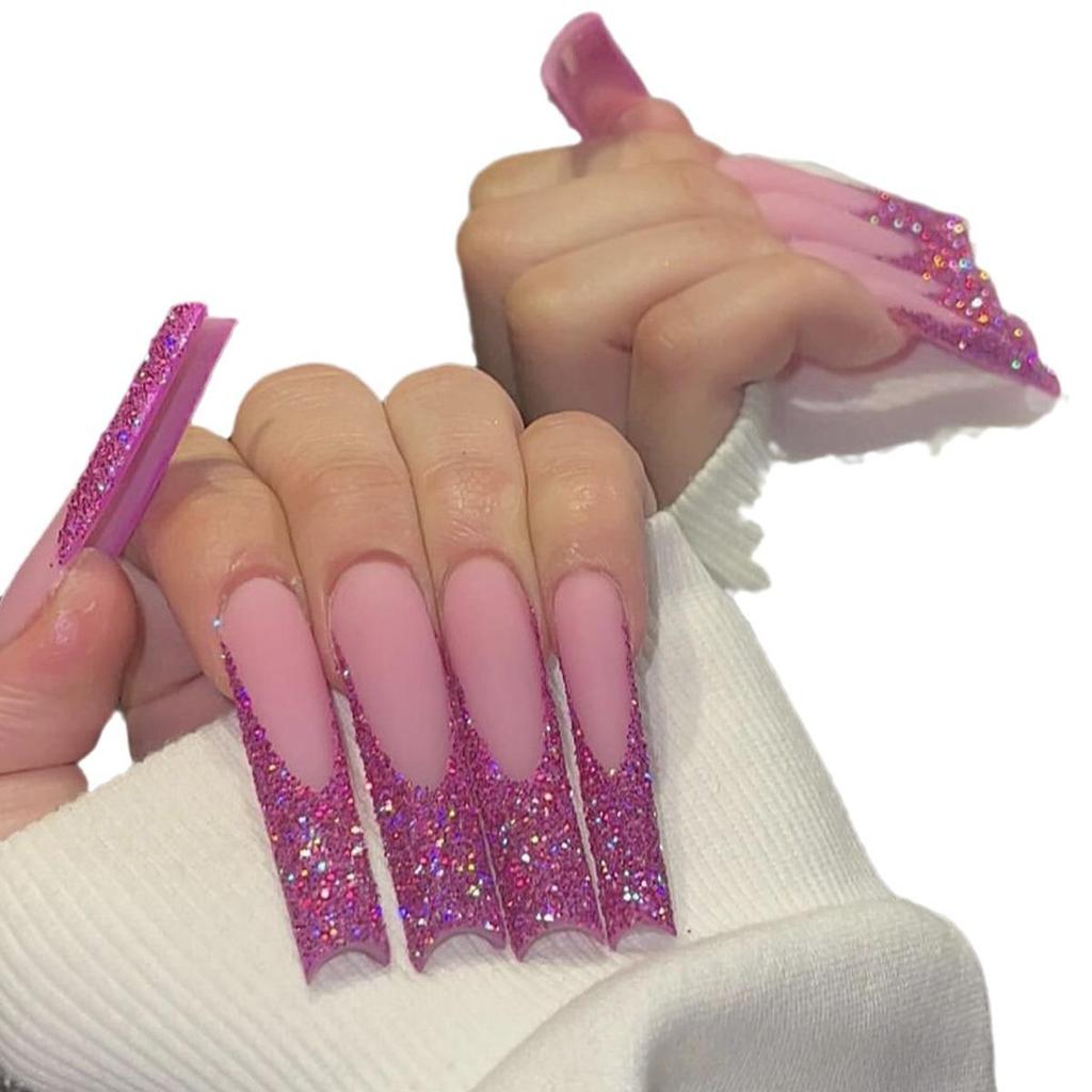 Extra Lange Glitzernde Rosa Tragbare Französische Nägel - 24 Stück Europäischer & Amerikanischer Stil
