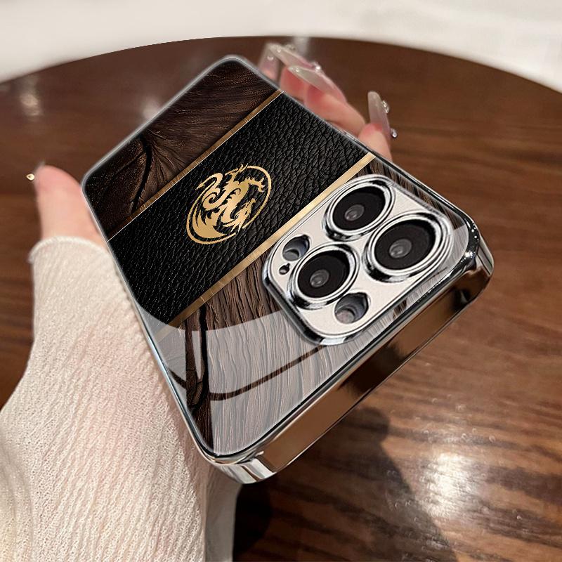 Business Leather Textured Wood Grain Metal Ring Dragon  Phone Case for Iphone 16 16Pro 16Promax 16Plus 15 15Plus 15Pro 15Promax