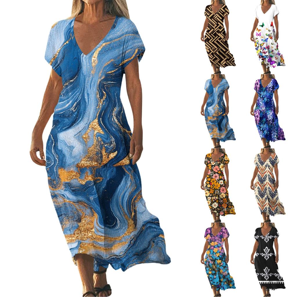 Letní šaty Dámské Dlouhé Boho Plážové šaty Elegantní Maxi šaty Výstřih do V Krátký rukáv Letní Tunikové šaty Lehké Vzdušné