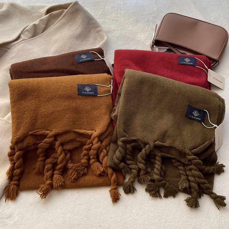 Simple Classic Solid Scarf Women Large Tassel Winter Imitation Cashmere Thick Warm Student Shawl Female Chic Muffler Fall Ladies