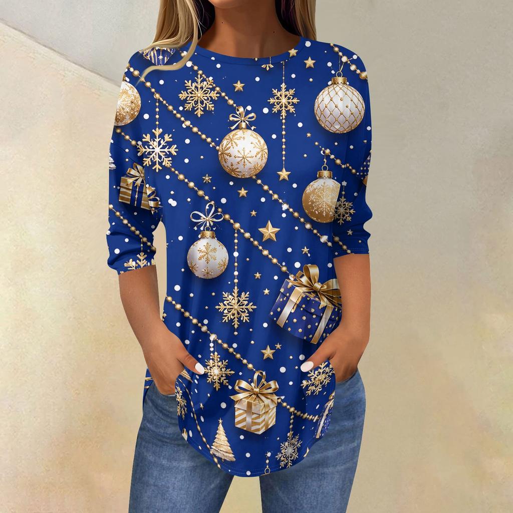 Camiseta Feminina de Natal Estampada com Manga Três Quartos e Gola Redonda Casual para Festas