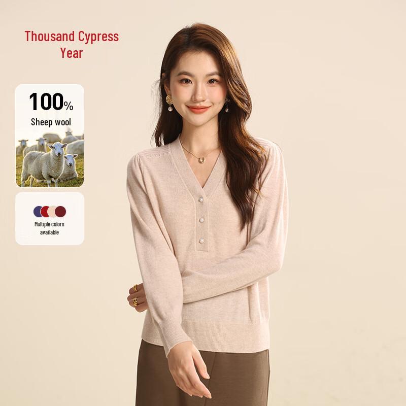 Qianbainian Women's Elegant V-Neck 100% Wool Knit Top