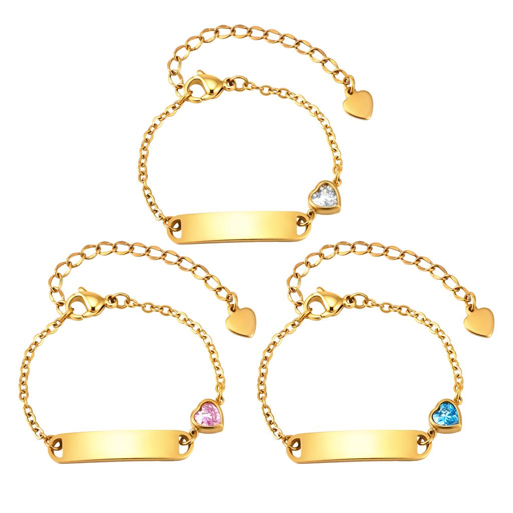 Customized Child ID Bracelet, Personalized Engraved Name Stainless Steel Zircon Heart Bracelets, Not Allergic Jewelry for Girl
