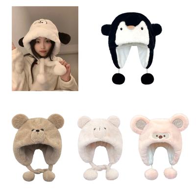 Cartoon Plush Winter Hat for Women Thicken Ear Flap Hat Warm Beanie Outdoor Sports Hat Cold Weather Windproof Headgear