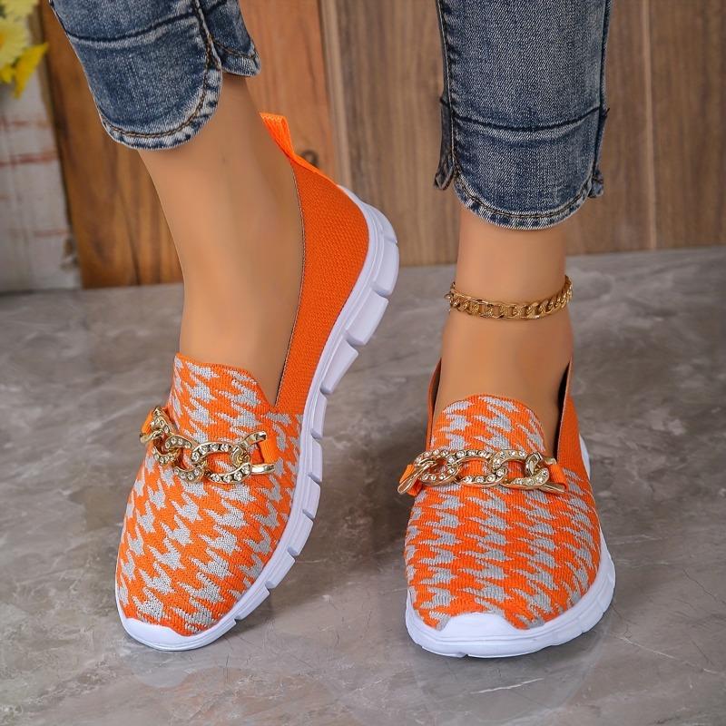 Women's Houndstooth Slip-On Sneakers - Casual Breathable Walking Shoes with Chain Decor