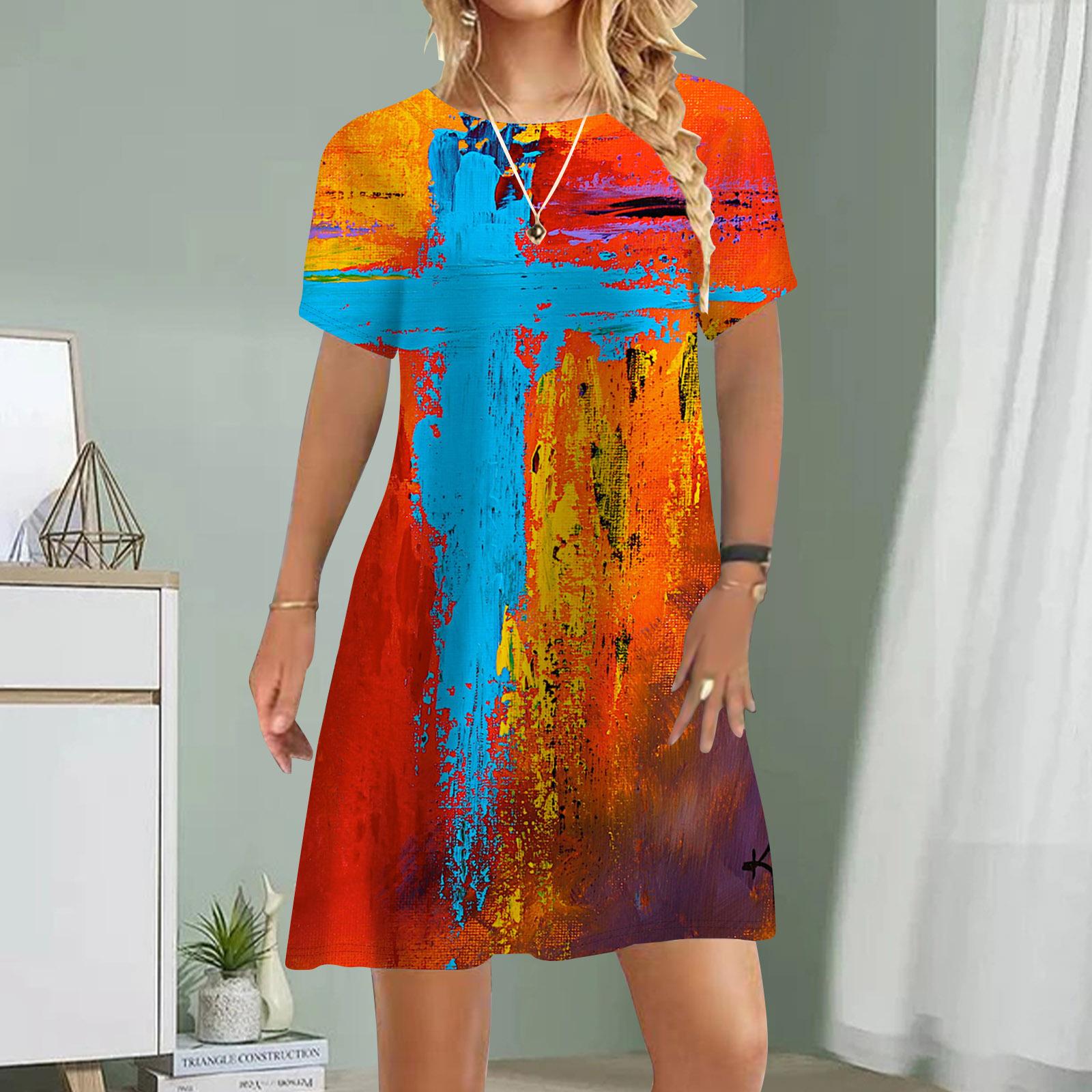 

Women Casual Dress Summer Cross Print Dresses For Women O-neck Short Sleeve Dress Plus Size 8XL помаранчевий
