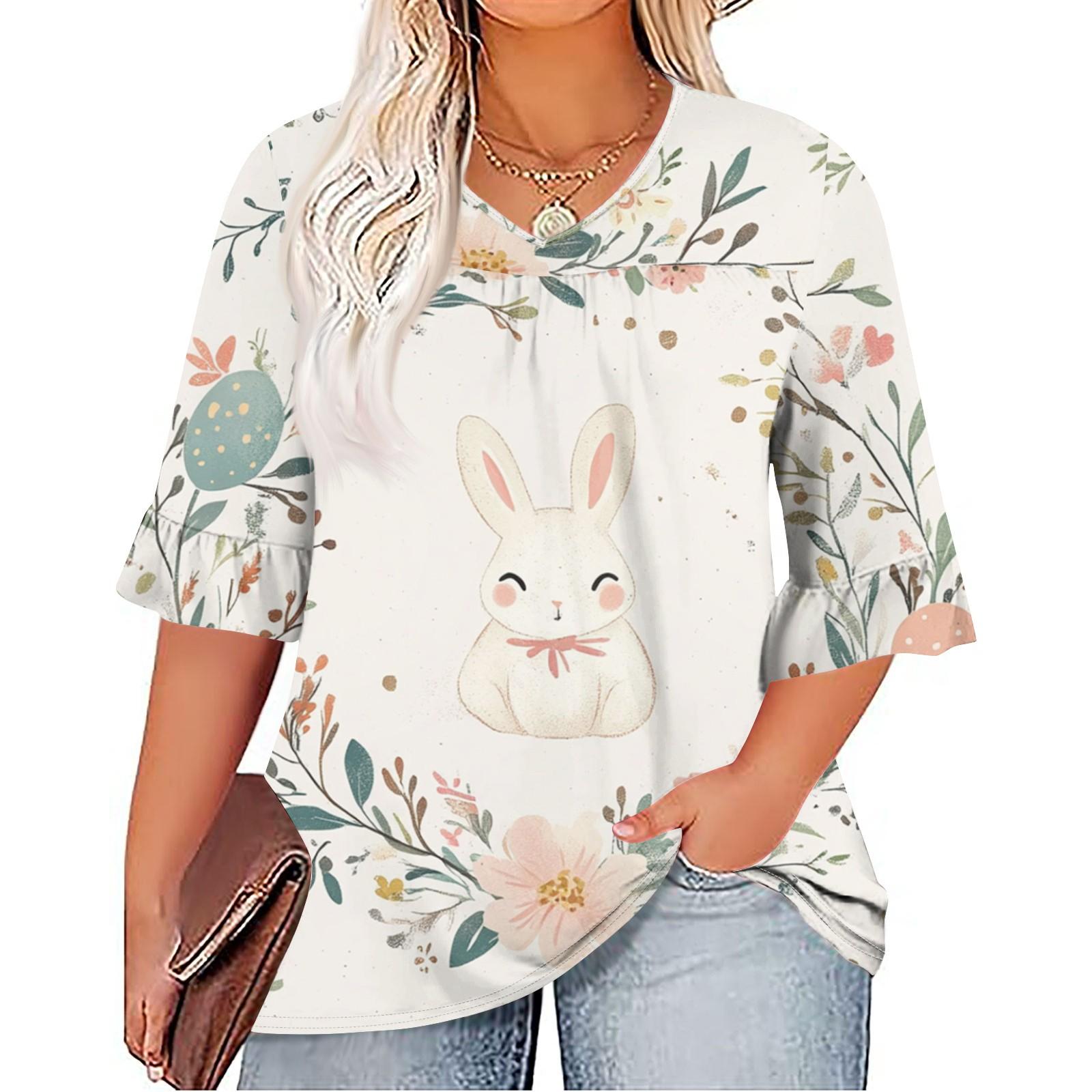 

Женская мода повседневная Пасха принтованная V-образный вырез рукав семь минут оборки рукав футболка топы плюс размер женская XXXXXL белый