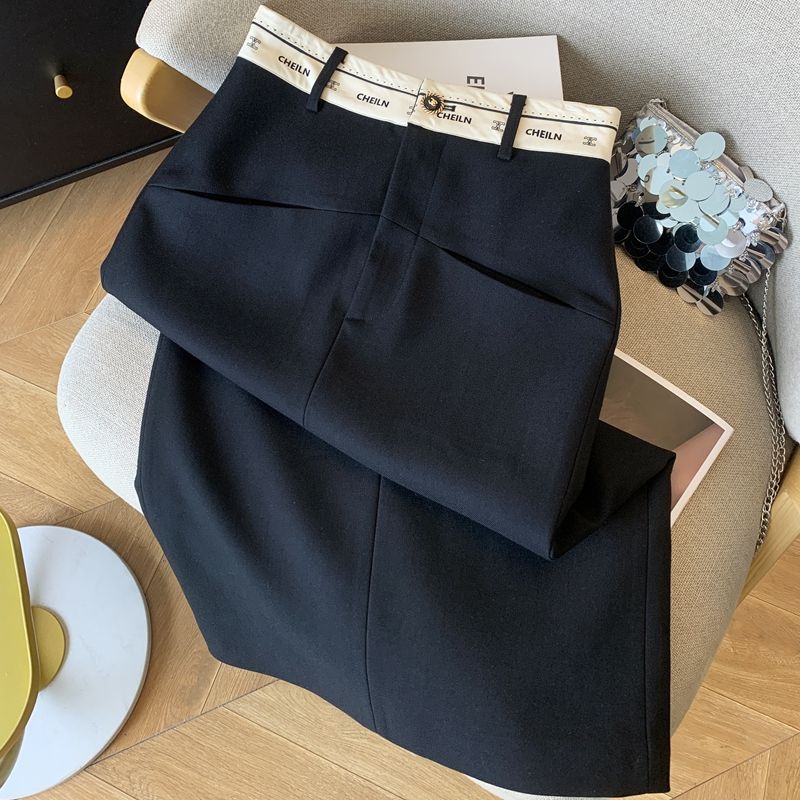 Women Summer Solid Color High Waist Suit Skirt Ladies Office Letter Thin A-line Skirt