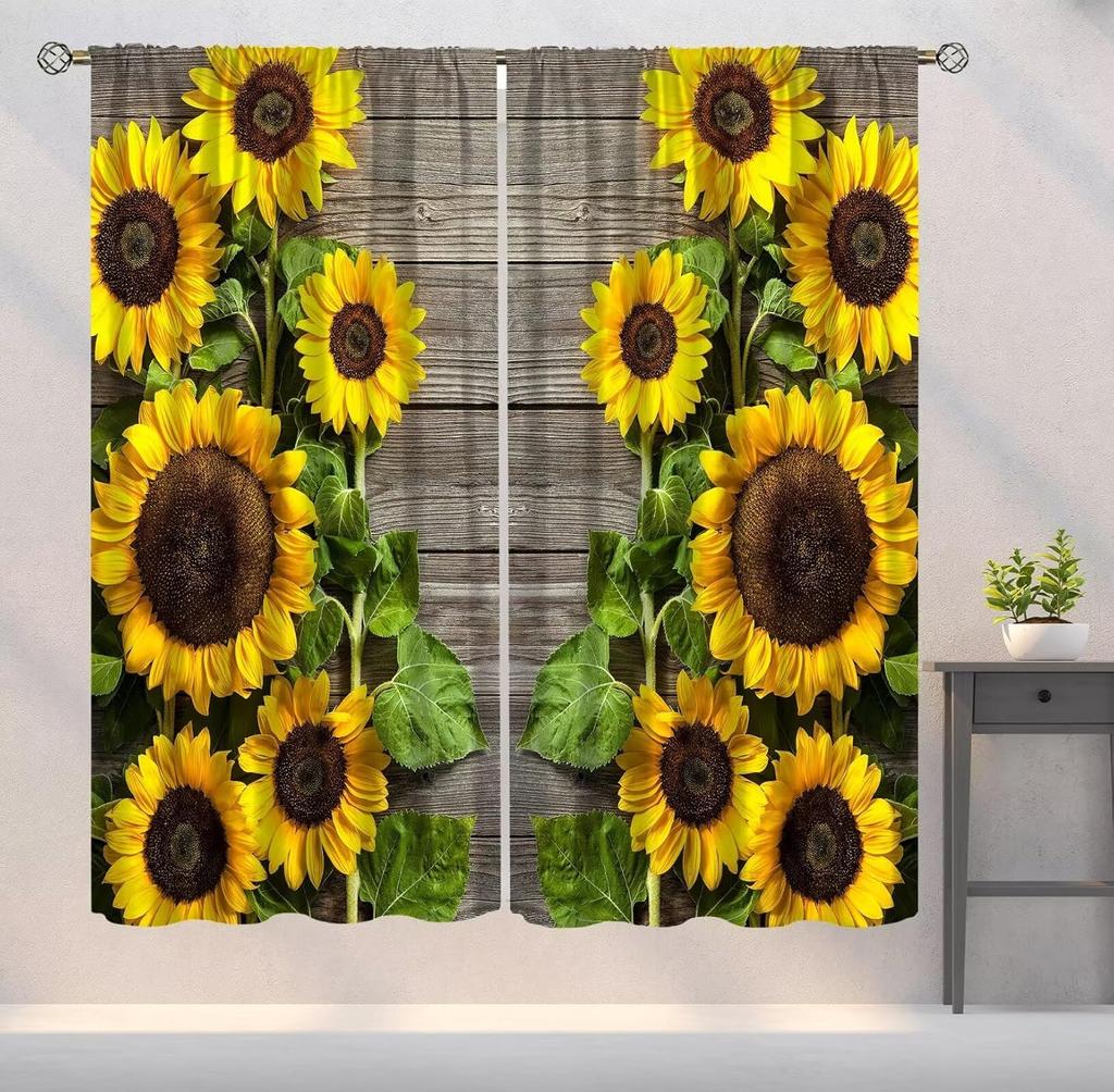 Farmhouse Sunflower Curtains Country Vintage Floral Wooden Board Art Printed Window Drapes Bedroom Kitchen Decor Room Darkening Polyester Master