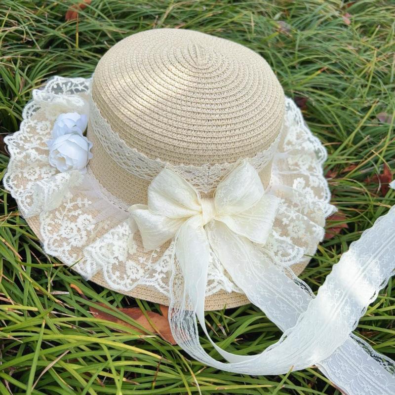 A Mori Pastoral Lo Girl Soft Girl Hat Lace Bow Visor Doll Woven Hat Streamer