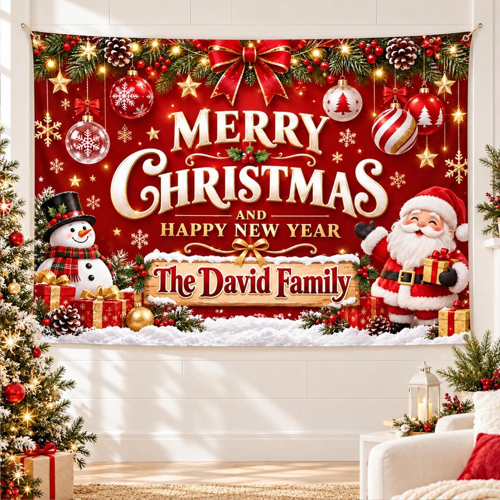 Personalized Christmas Backdrop Banner Merry Christmas Happy New Year Family Wall Hanging Custom Holiday Party Photo Backdrop