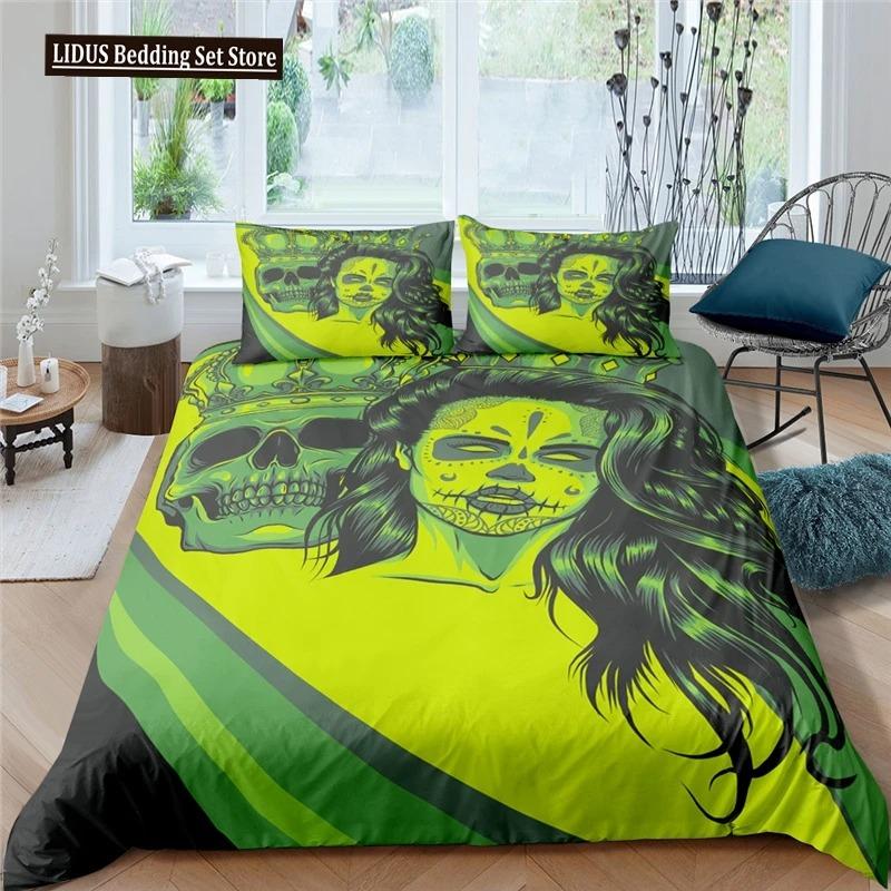 Skull Duvet Cover Queen Size Microfiber Vintage Sugar Skull Girl Day Of The Dead Bride With Dark Color Roses Graphic Bedding Set