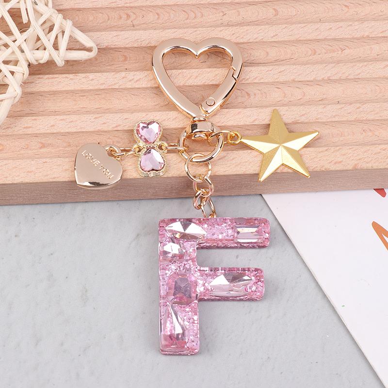 Cute  Bling Keychain A To Z Initial Letter Love Heart Star Pink For Women Girls Bag Cup Pendant Key Chain Accessories