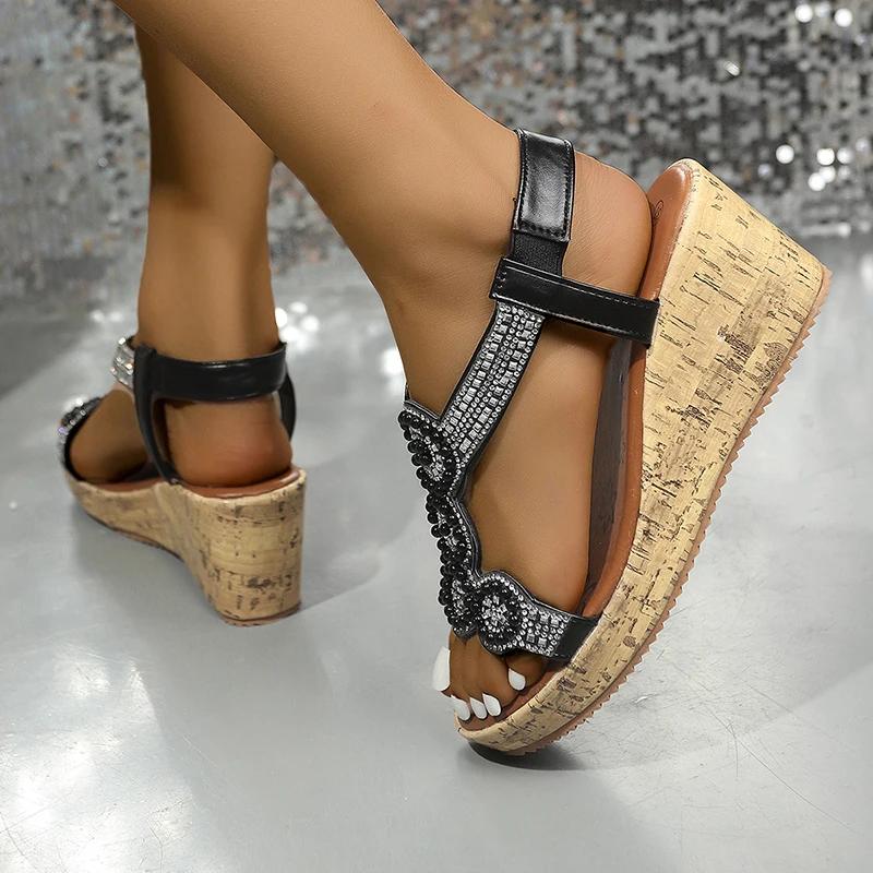 Fashion Rhinestone Wedge Heel Sandals for Women 2025 Summer Platform Bohemian Sandals Woman Thick Bottom Elastic Band Gladiator Shoes