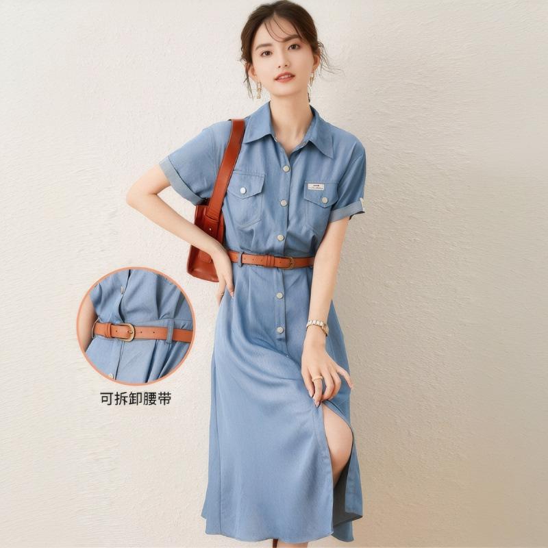 

Джинсовая рубашка юбка лето 2025 новый ретро лацкан темперамент тонкий короткий рукав среднее и длинное платье женщины XXL светло-синий