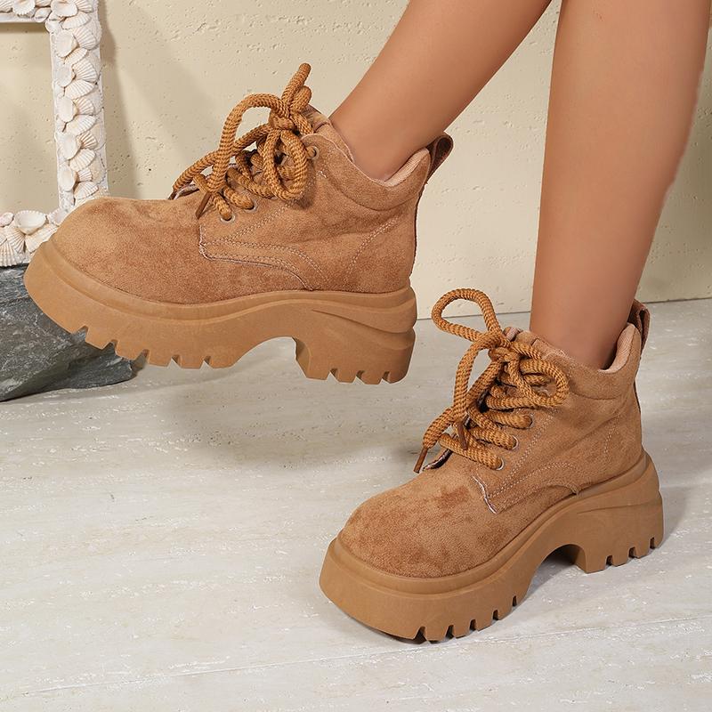 Big Toe British Style Chunky Heel Thick Sole Short Tube Lace-up WomenAutumn New Retro Slimming Yellow Boots