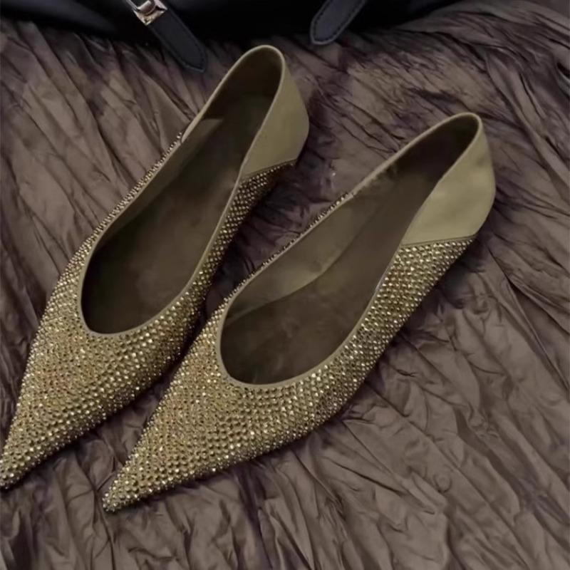 

Fashion Rhinestone Slip-on Shallow Mouth and Heel Two-Wear Single Shoes Women s Versatile Pointed Toe Flats 35 золотой