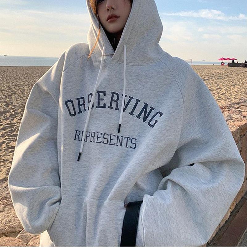 Women's Hooded Long Sleeve Sweatshirt Loose Fit Letter Printed Pullover Hoodie Couple Autumn Daily Outerwear
