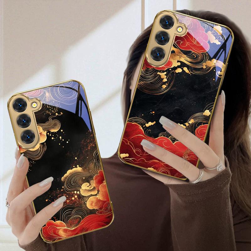 Red Vortex Pattern For Samsung Galaxy S26 S20 FE S21 Ultra S23 Plus S24 Ultra S25 S21+ S22Plus S26 S24 Golden Glass Phone Case