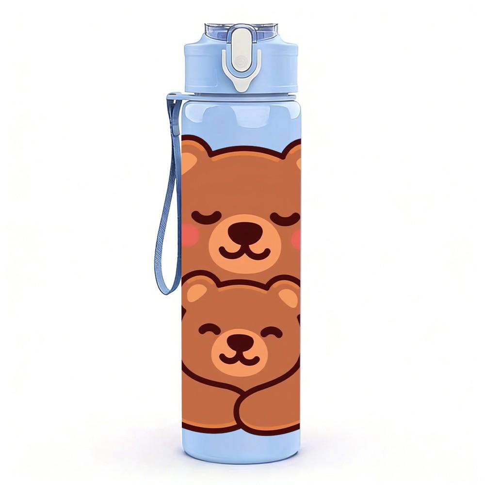 1PC Two Brown Bear Warm Hug Cartoon Print 750ml Color Plastic Sports Water Bottle Leakproof Flip Straw Lid Suitable for Sports Office Home Use