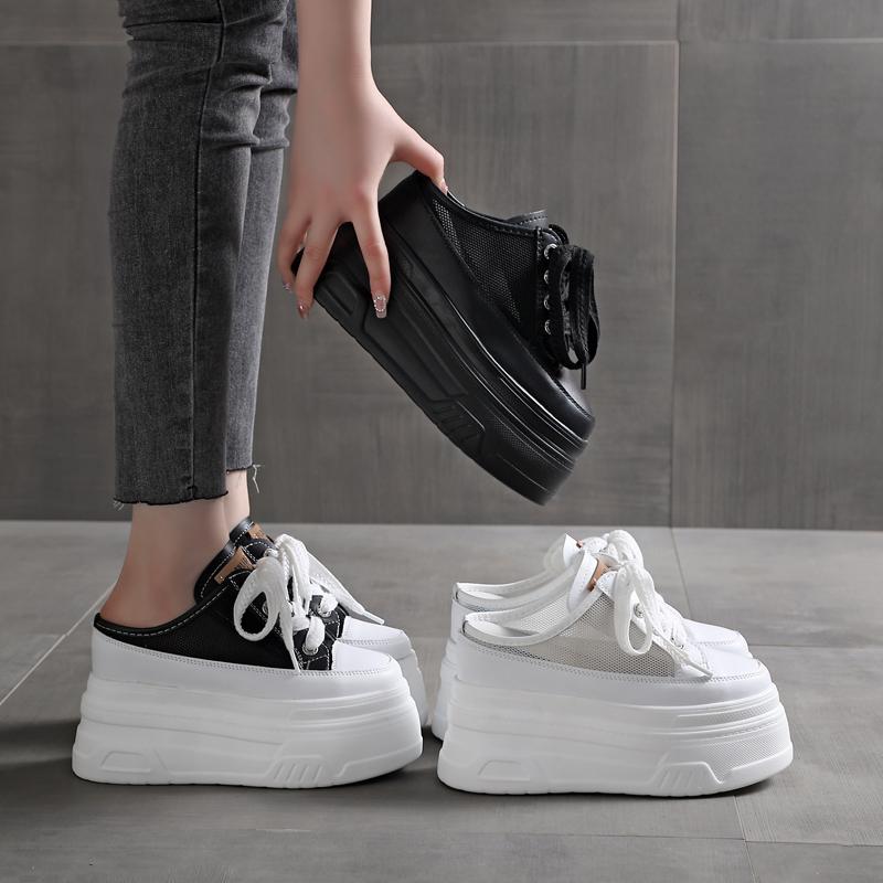 Fashion 12CM Patent Cloth Platform Wedge Comfy High Brand Breathable Summer Bao Toe Ladies Slippers Chunky Sneaker Casual Shoes