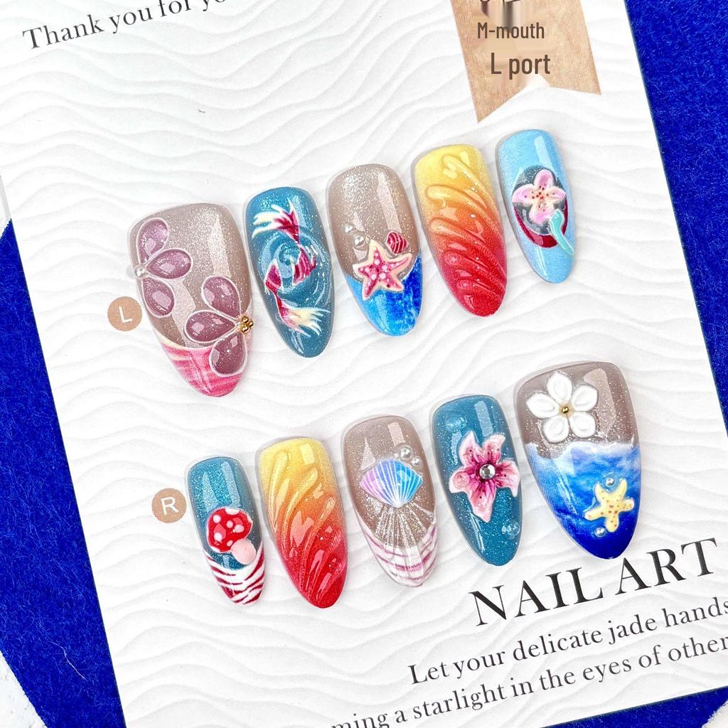30-Piece Summer Ocean 3D Almond Nails: Starfish, Seashell & Flower Design - Pure Handmade Art