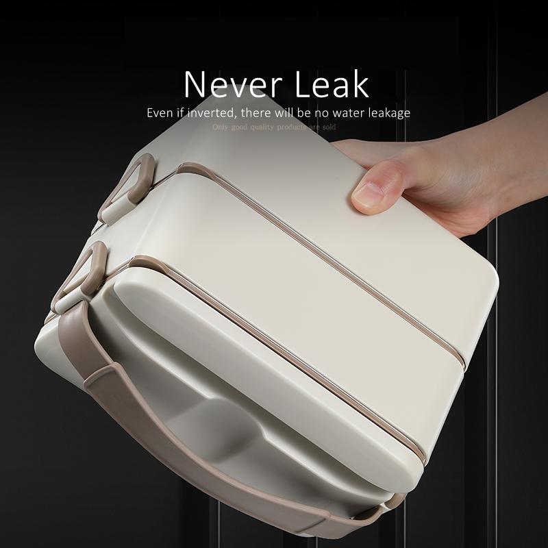 LFGB Certification Pure 304 Stainless Steel 2 Layers Bento Box with Silicone Seal Belt and PP Shell Lunch Box with Handle