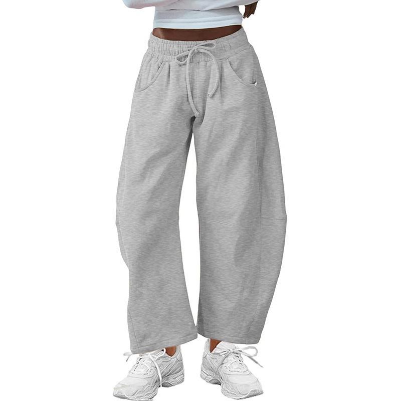 Womens Loose Fit Drawstring Pocket Cropped Sweatpants For Summer S серый