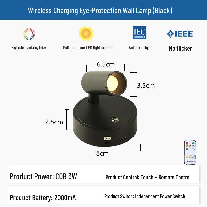 

Wireless USB Wall Lamp: Remote-Controlled, Magnetic Spotlight with Stepless Dimming for Bedside Reading, No Wiring Needed With Power Switch + Three-Color Stepless