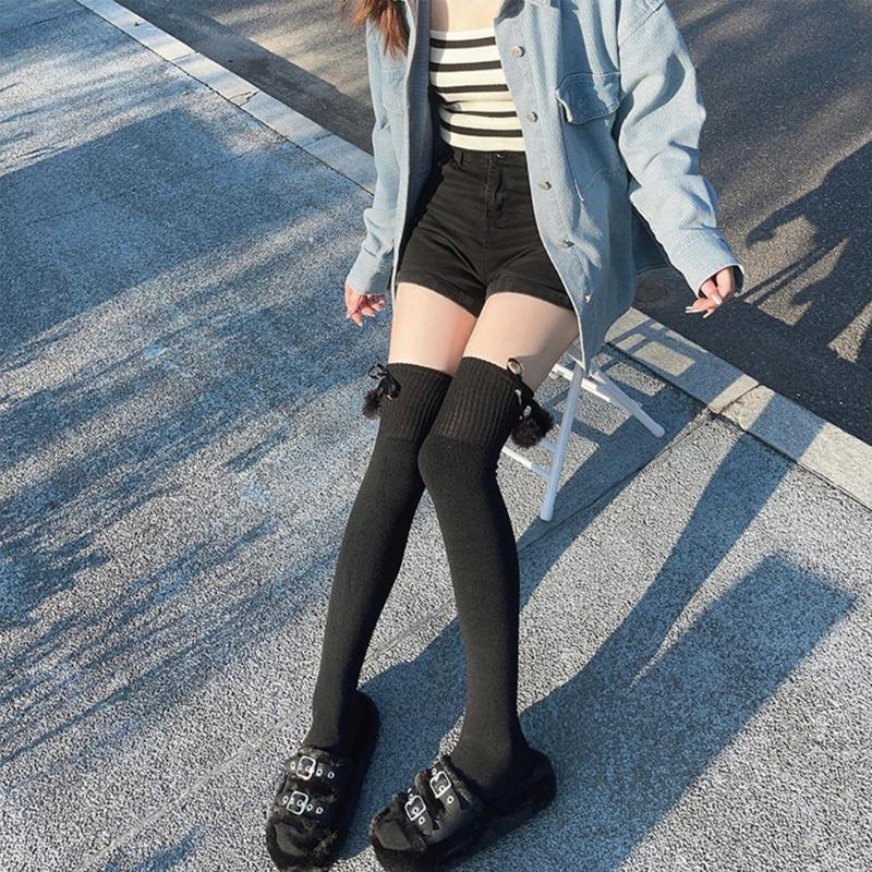 Damen kniehohe Socken Strümpfe Lolitas Schleife Schnürung Wadenstrümpfe Bommel Oberschenkelhohe Strümpfe Süß Niedlich Überknie-Socken