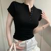 Sommer Slim Fit Knöpfe V-Ausschnitt Casual T-Shirt für Damen Mode Kurzarm Frau T-Shirts Tops Solide Elegante Einfache Büro Dame T-Shirt 24369