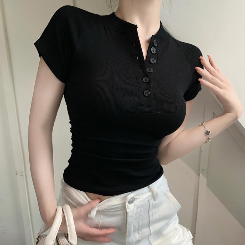 Summer Slim Fit Buttons V Neck Casual T-shirt for Women Fashion Short Sleeve Woman Tshirts Tops Solid Elegant Simple Office Lady Tee 24369