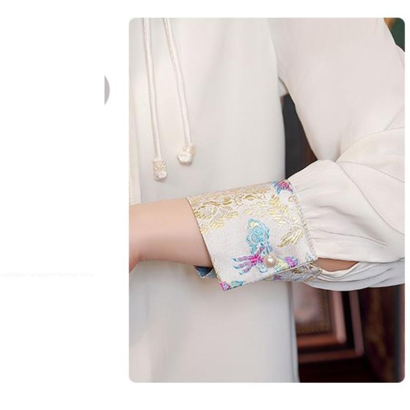 Women's Pullover Embroidered Round Neck Bright Silk Lantern Long Sleeve Chiffon T-shirt Casual Clothing Chinese Style Tops