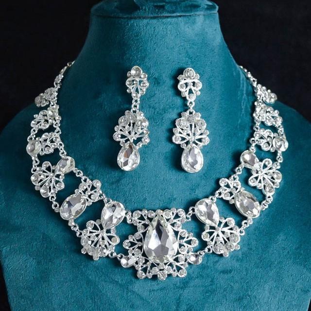 

Модные комплекты свадебных украшений с кристаллами и каплями воды для женщин, диадемы со стразами, комплект с короной, ожерелье, серьги, комплект ювелирных изделий для свадебного платья