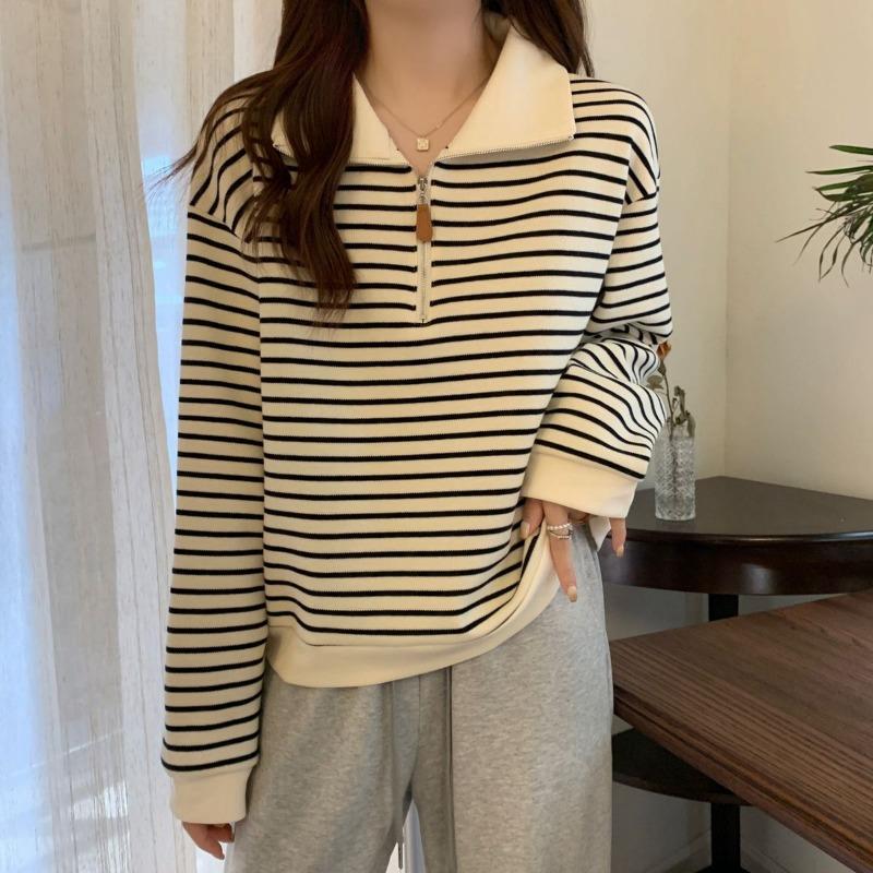 women half-zip striped sweatshirt polo collar long sleeve casual loose fit pullover top