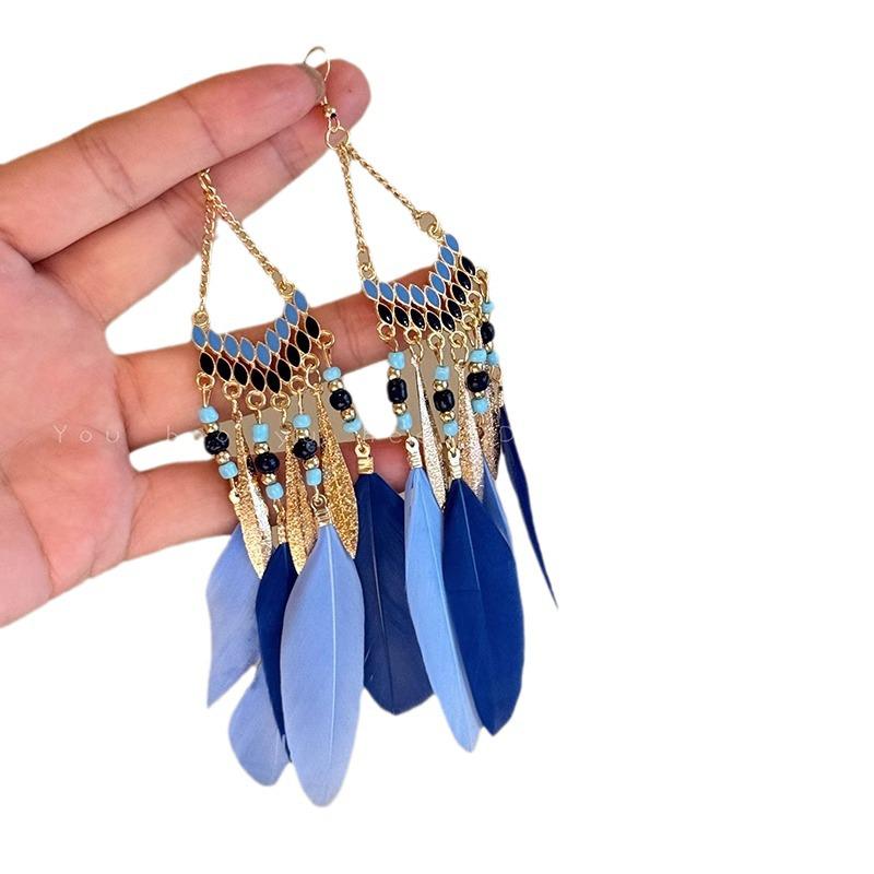 Bohemian Feather Tassel Earrings for Women - Exotic Ethnic Style, Perfect for Vacations and Retro Fresh Looks.