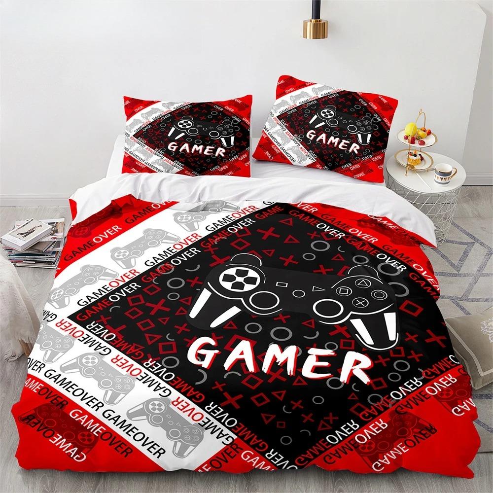Game King Queen Duvet Cover 3D Black Game Handle Bedding Set for Kids Teens Boys Man Gamer Bedroom Decor Quilt Cover Pillowcase