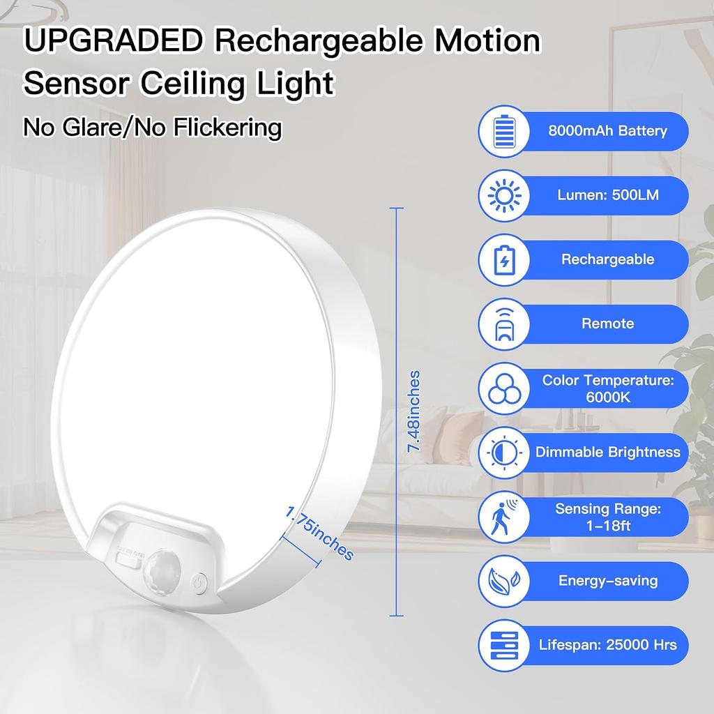 Homelist Newly Upgraded 8000mAh Rechargeable Motion Sensor Ceiling Light | Battery-Operated Wireless Ceiling Light with Remote for Shower, Bathroom,