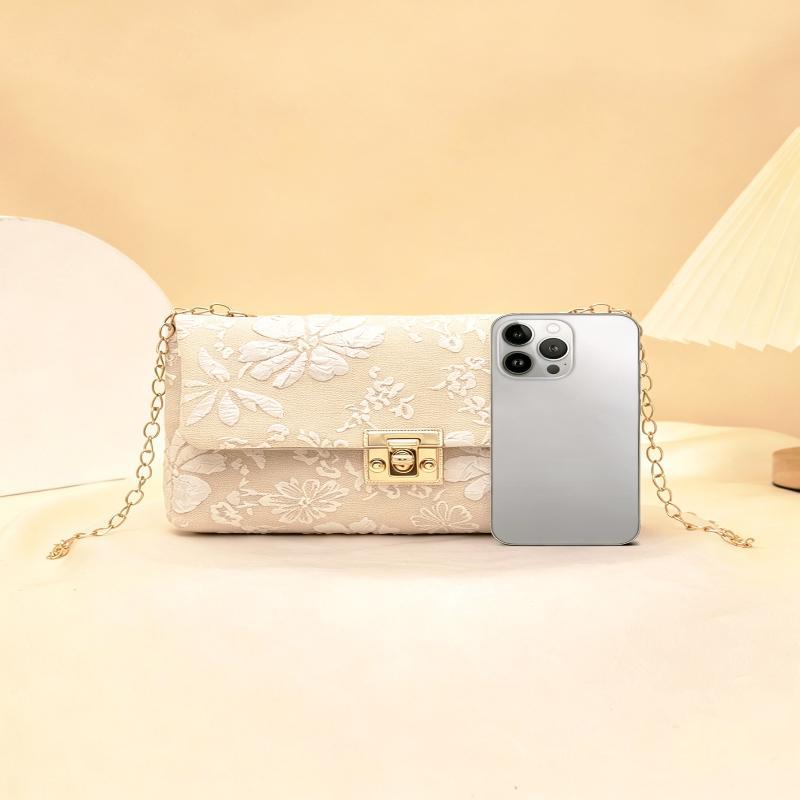 Fashion Embossed Floral Crossbody Bag Gold Chain Shoulder Strap Turn Lock Closure for Weekend Travel Outdoor
