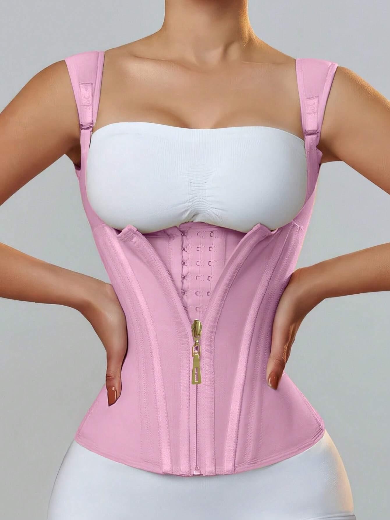 Nylon Mesh High Elastic Waistband 15 Bones Posture Correction Zipper Buttoned Vest Style Tummy Control Anti-Bacterial Shaping L розовый