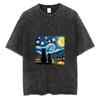 Vintage Washed Van Gogh Starry Night Black Cat Graphic Print T-Shirt Casual Short Sleeve Crew Neck