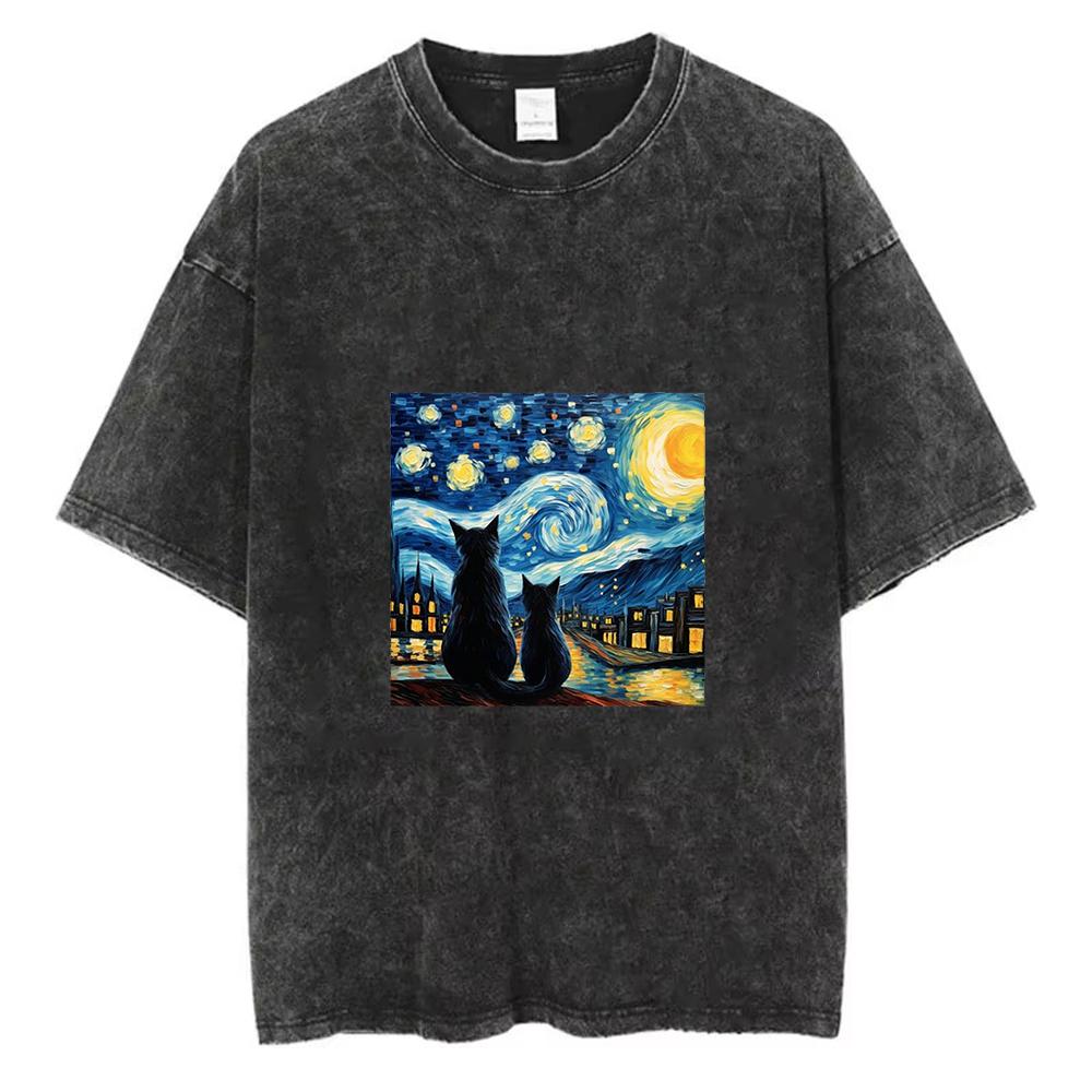 Vintage Washed Van Gogh Starry Night Black Cat Graphic Print T-Shirt Casual Short Sleeve Crew Neck S