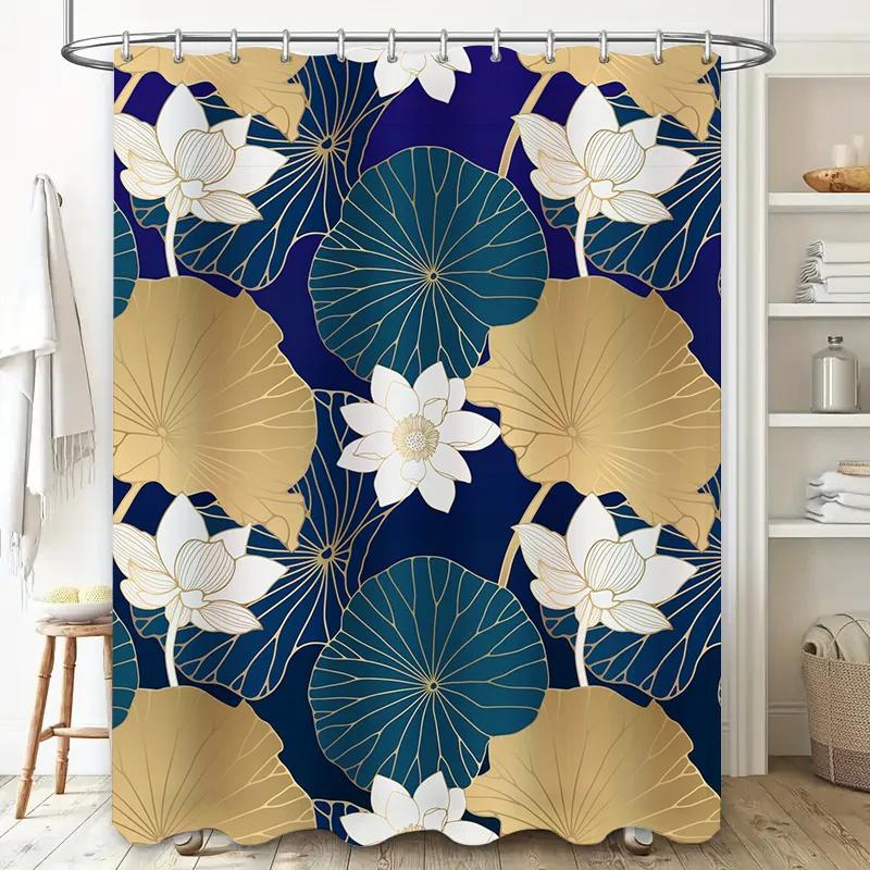 

Luxury Lotus Pattern Shower Curtain Waterproof Bathroom Decor For Home Bathing Room Navy White Gold Color Shabby Chic Vintage St W60H190(CM)-1 Pcs